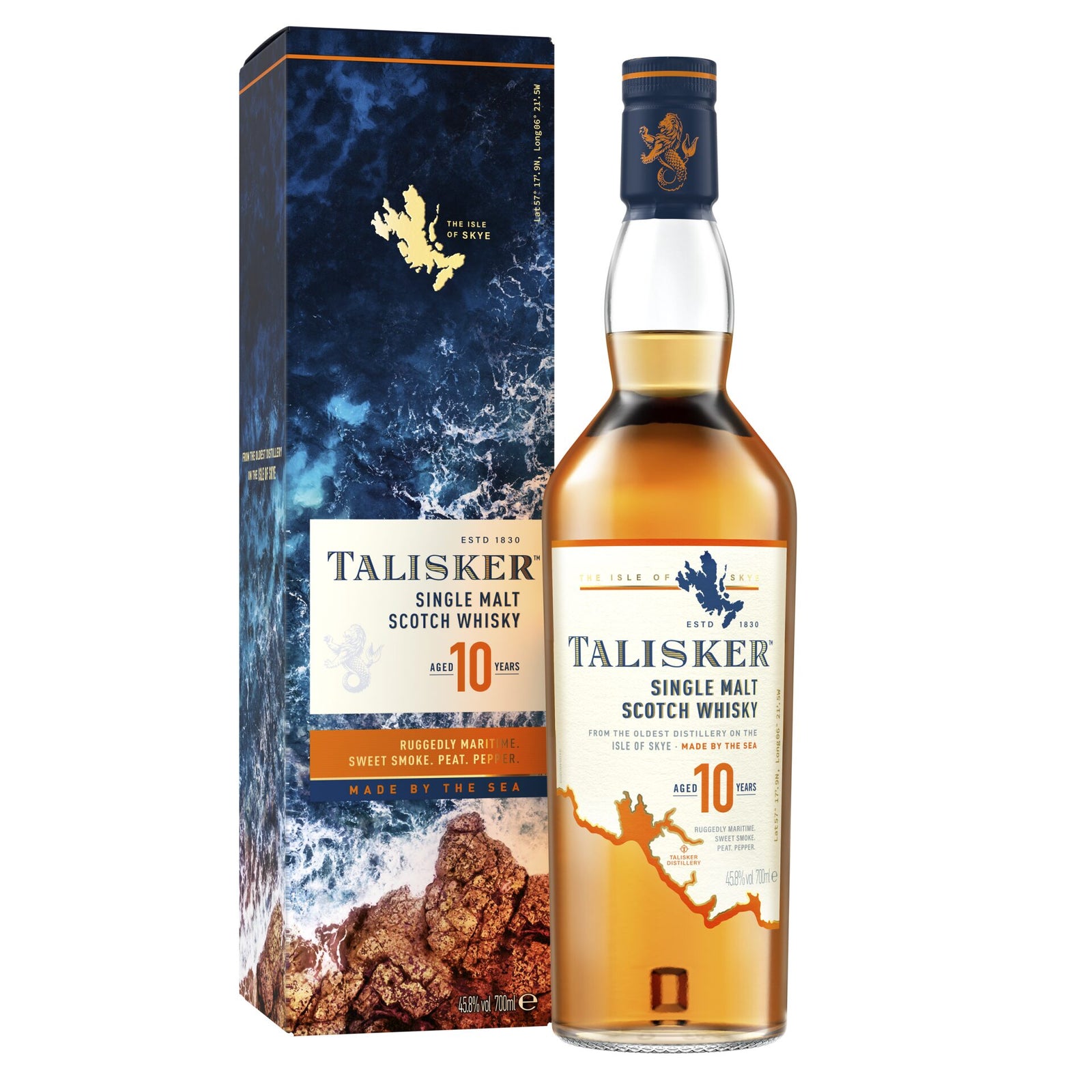 A bottle of Talisker 10 Year Old Single Malt Scotch Whisky stands beside its decorative box, which features ocean imagery and rocky cliffs, reflecting the coastal origins and a decade of careful aging.