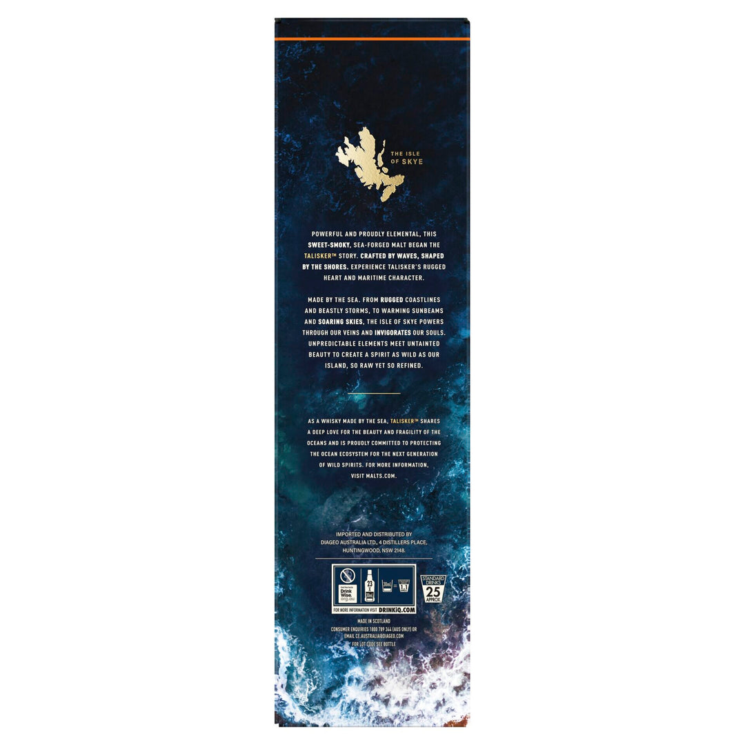 A box for Talisker 10 Year Old Single Malt Scotch Whisky, with a blue and white ocean wave design, gold Isle of Skye map, award mention, notes on its peated flavor, and responsible drinking info.