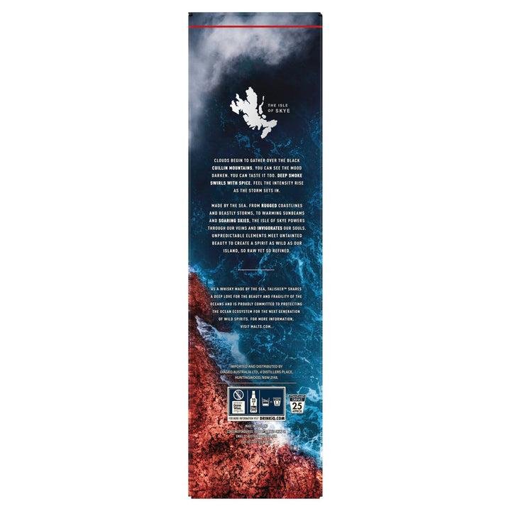A rectangular box of Talisker Storm Single Malt Scotch Whisky displays a map of the Isle of Skye on top, text about the Black Cuillin mountains, and along the right edge an image split between red rocks and blue ocean waves.