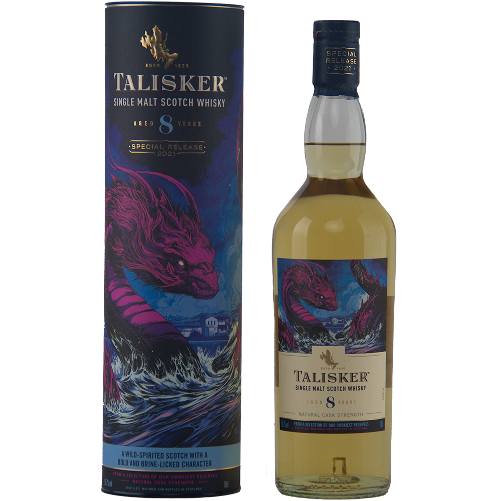A bottle of Talisker 8 Year Old Single Malt Whisky stands next to its cylindrical box, decorated with vivid artwork of a pink sea dragon in a stormy sea, marking it as part of the Diageo Special Releases 2021.