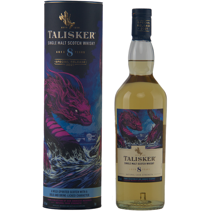 A bottle of Talisker 8 Year Old Single Malt Whisky stands next to its cylindrical box, decorated with vivid artwork of a pink sea dragon in a stormy sea, marking it as part of the Diageo Special Releases 2021.