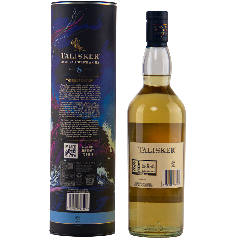 A Talisker 8 Year Old Single Malt Whisky bottle is shown beside its colorful cylindrical box, both viewed from the back to display labels and product details from the Diageo Special Releases collection.