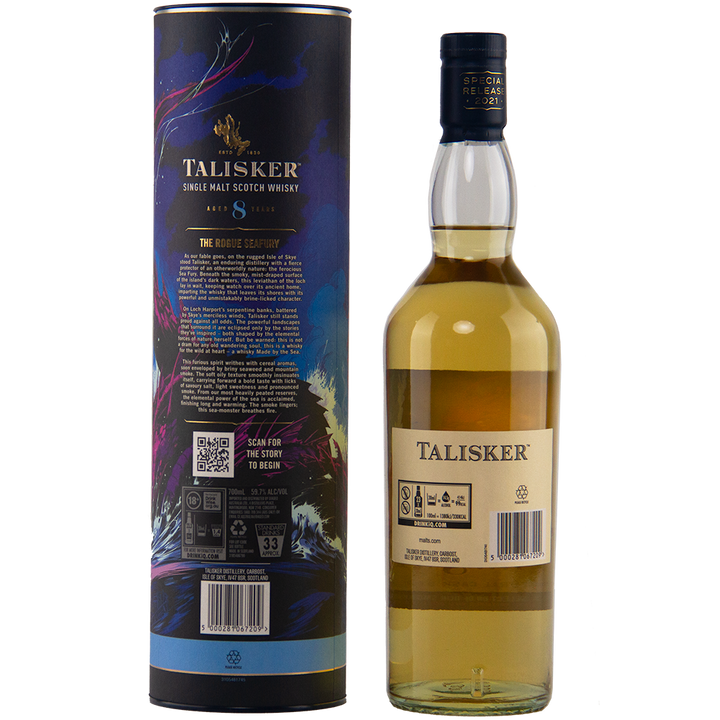 A Talisker 8 Year Old Single Malt Whisky bottle is shown beside its colorful cylindrical box, both viewed from the back to display labels and product details from the Diageo Special Releases collection.