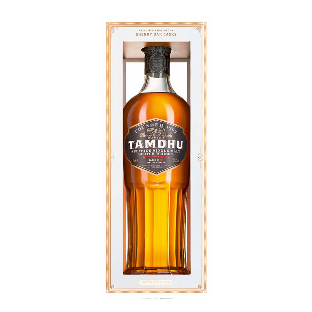Tamdhu whisky bottle in a wooden box on a white background