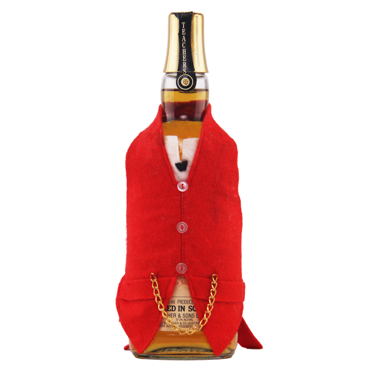 Bottle of tequila with a red vest and chain on a white background