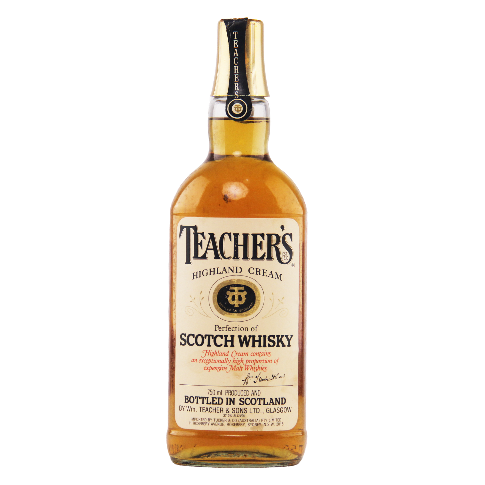 Teacher's Highland Cream Scotch Whisky bottle on a white background