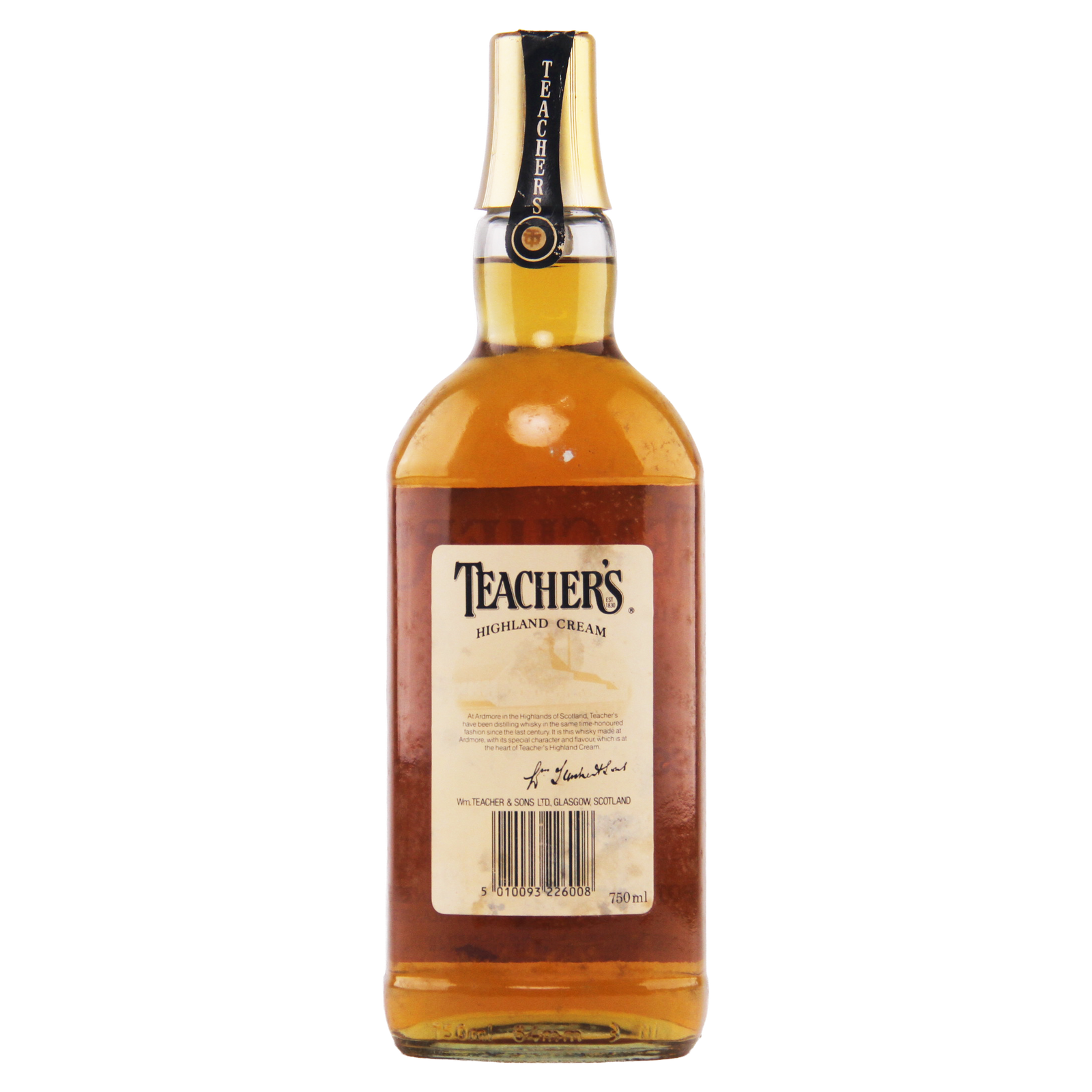 Bottle of Teacher's Highland Cream whisky on a white background