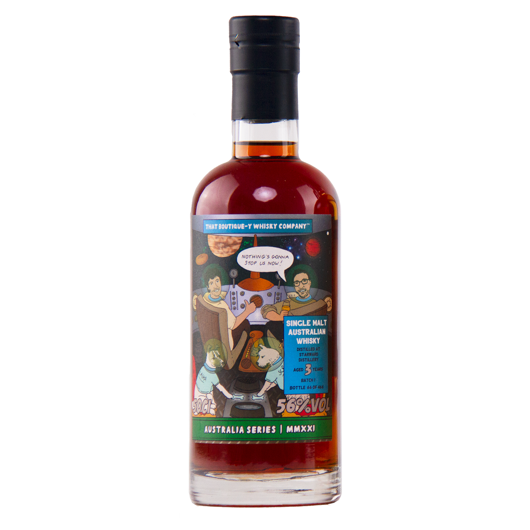 Bottle of single malt Australian whisky with a colorful label on a white background