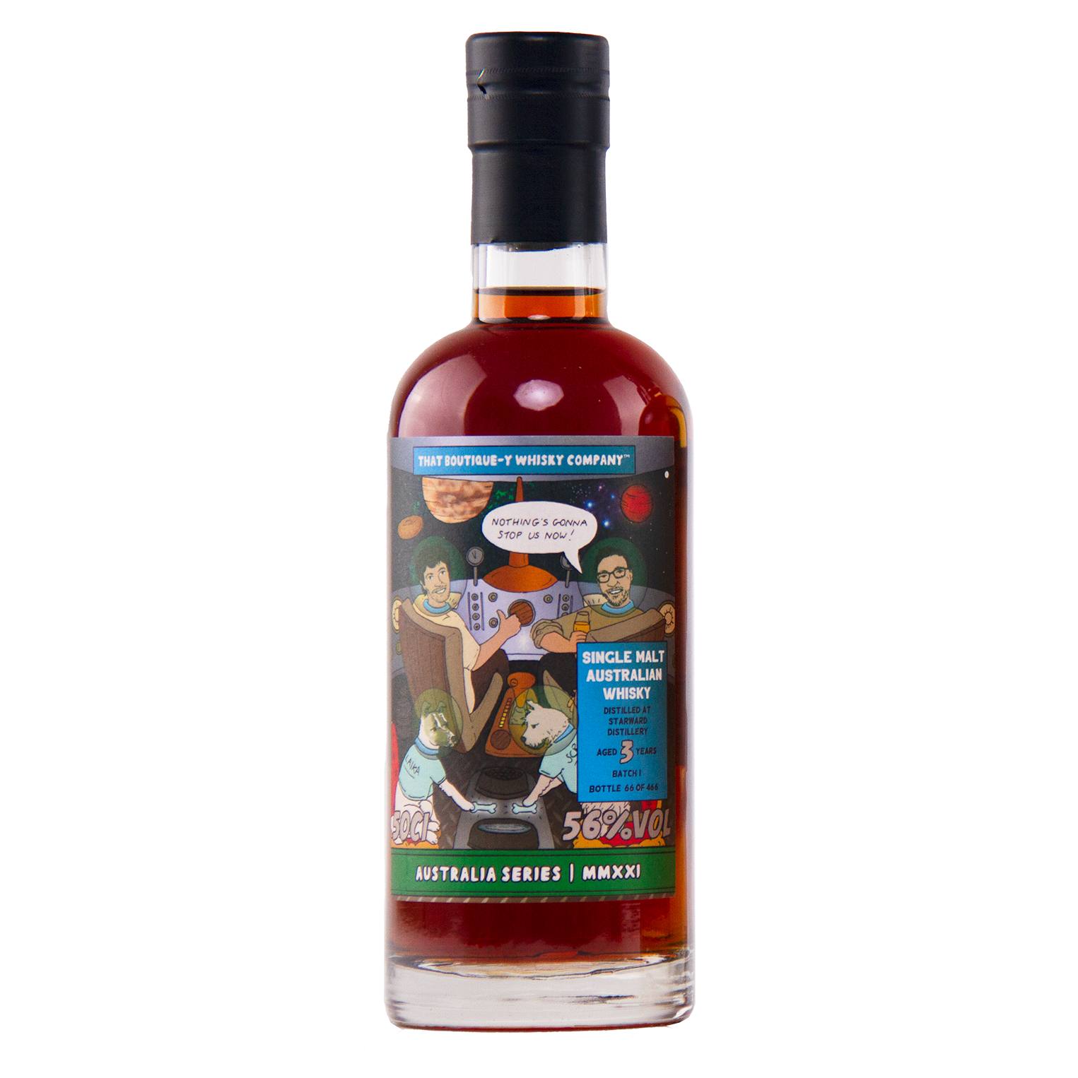 Bottle of single malt Australian whisky with a colorful label on a white background