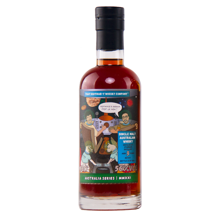 Bottle of single malt Australian whisky with a colorful label on a white background