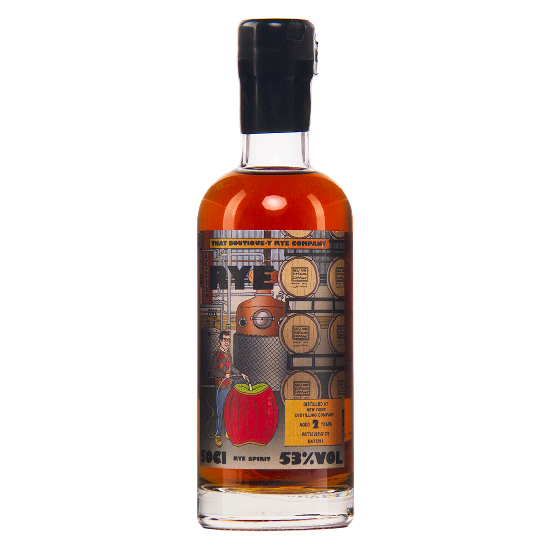 Bottle of Rye whiskey with a detailed label on a white background