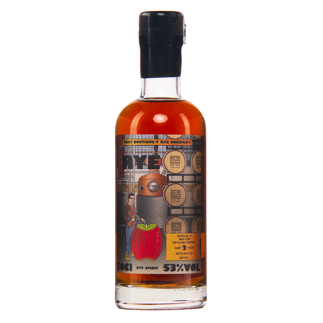 Bottle of Rye whiskey with a detailed label on a white background
