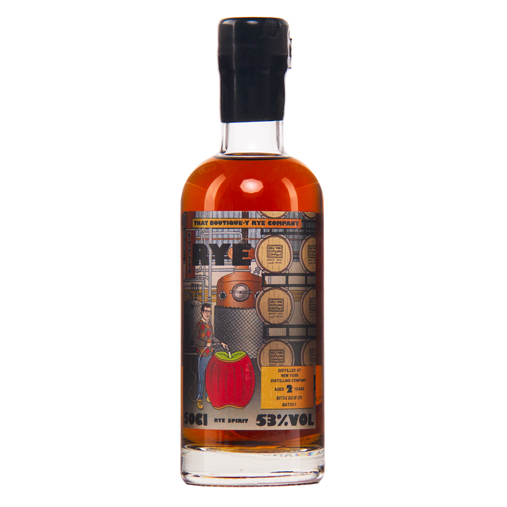 Bottle of Rye whiskey with a detailed label on a white background
