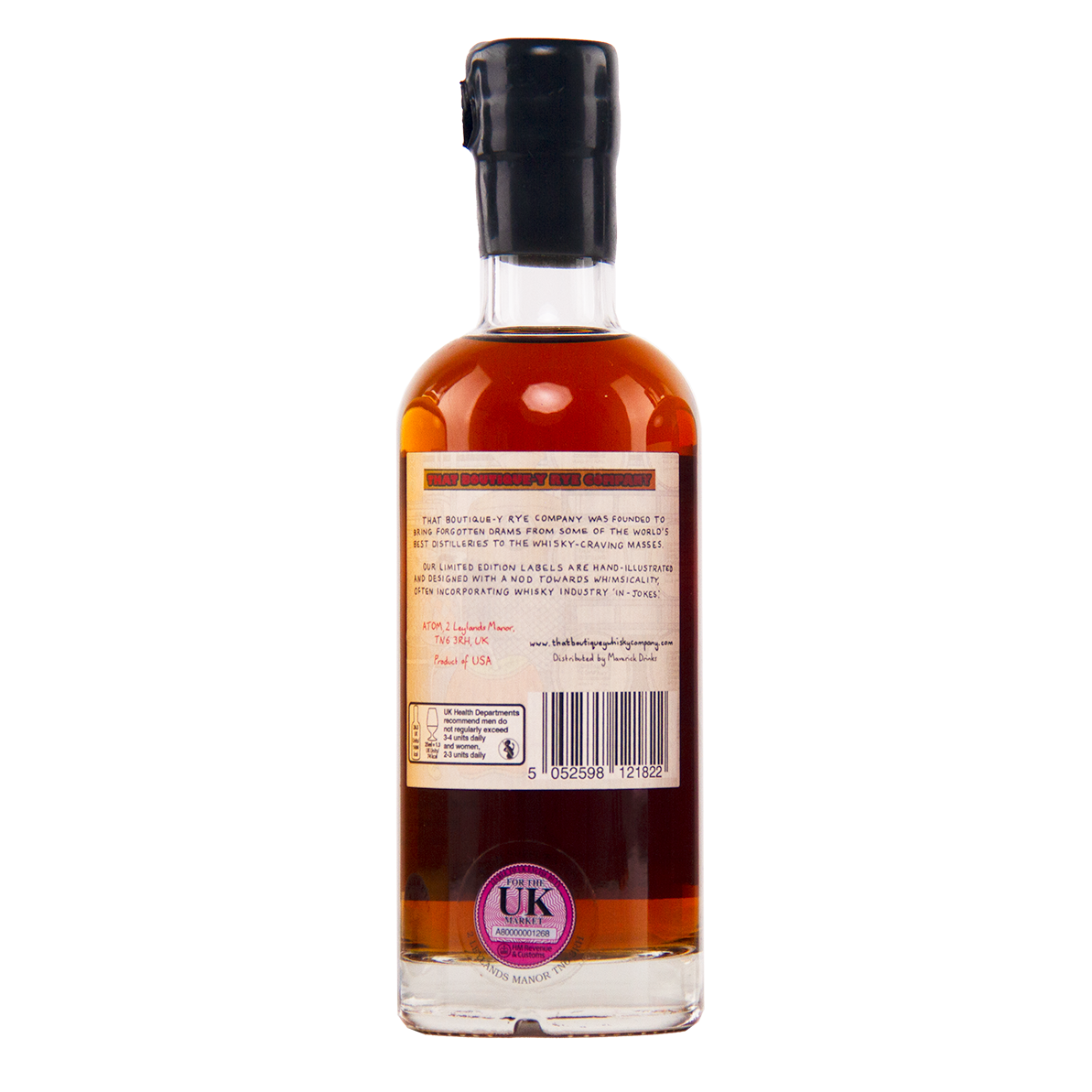 Bottle of whisky with a label on a white background