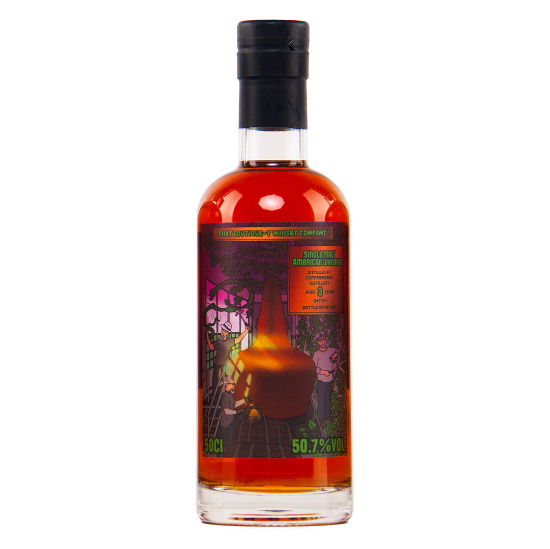Bottle of alcohol with a colorful label on a white background