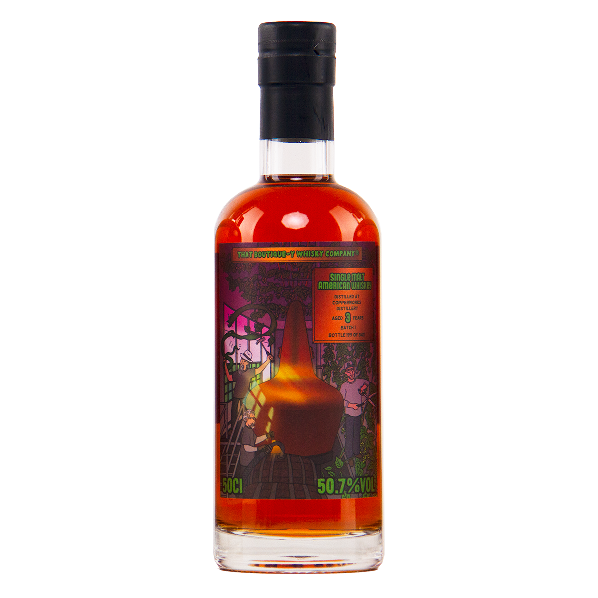 Bottle of alcohol with a colorful label on a white background