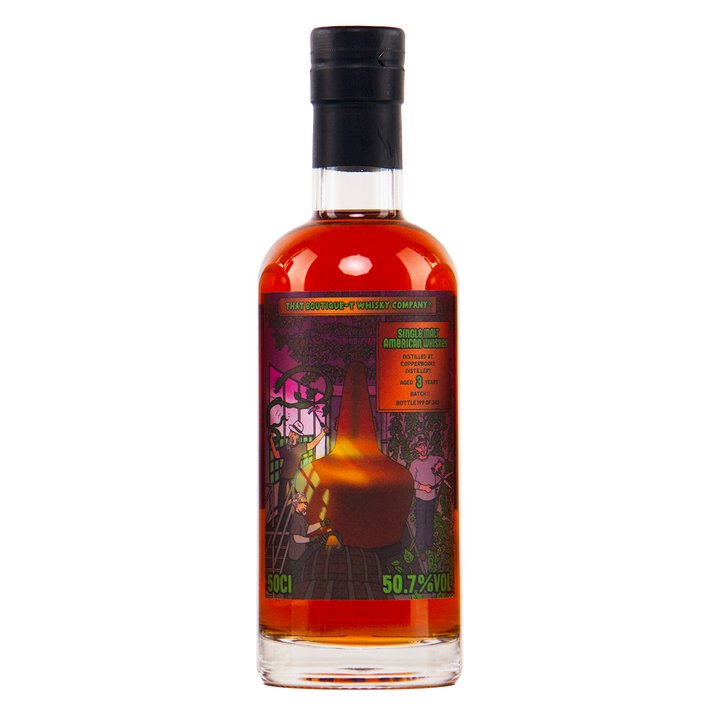 Bottle of alcohol with a colorful label on a white background