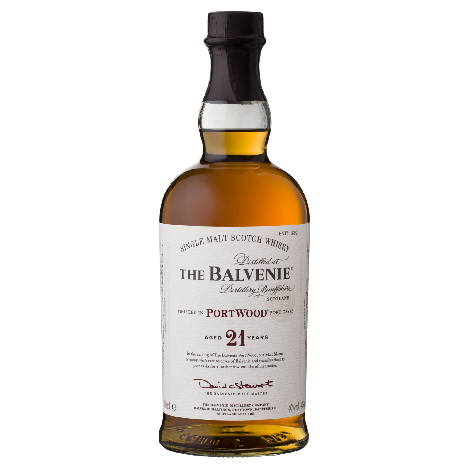 A bottle of The Balvenie PortWood 21 Year Old Single Malt Scotch Whisky features a dark neck, clear glass with amber liquid, and a label highlighting port cask finishing, distillery details, and signature.