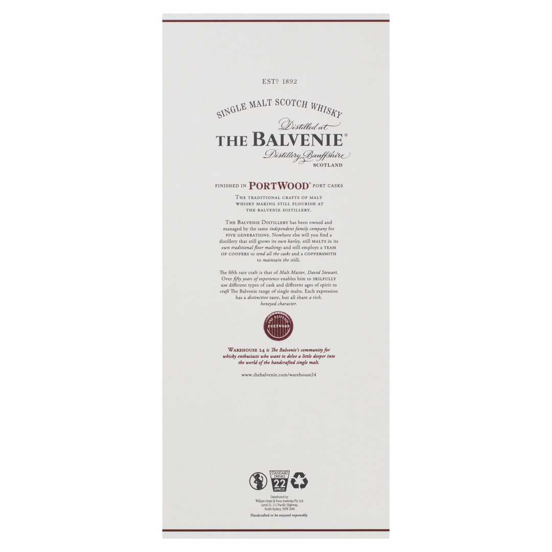 White label with black text for The Balvenie PortWood 21 Year Old Single Malt Scotch Whisky, highlighting port cask finishing, awards received, and a responsible drinking warning at the bottom.