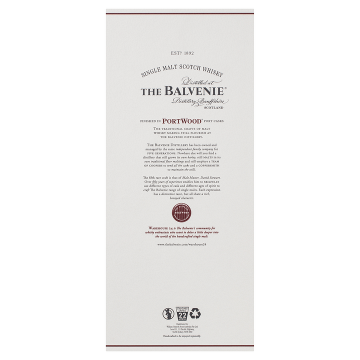 White label with black text for The Balvenie PortWood 21 Year Old Single Malt Scotch Whisky, highlighting port cask finishing, awards received, and a responsible drinking warning at the bottom.