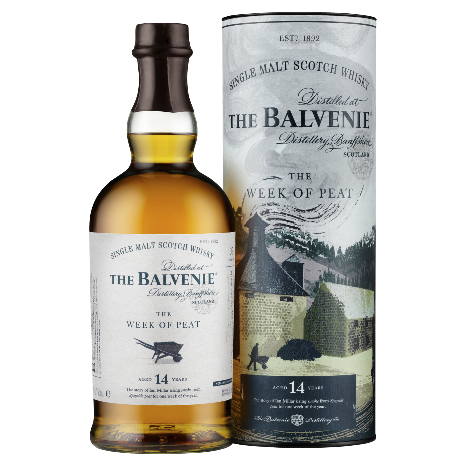 A bottle of The Balvenie Stories The Week of Peat 14 Year Old Single Malt Scotch Whisky is displayed in front of its cylindrical packaging, which features distillery-themed imagery and branding.