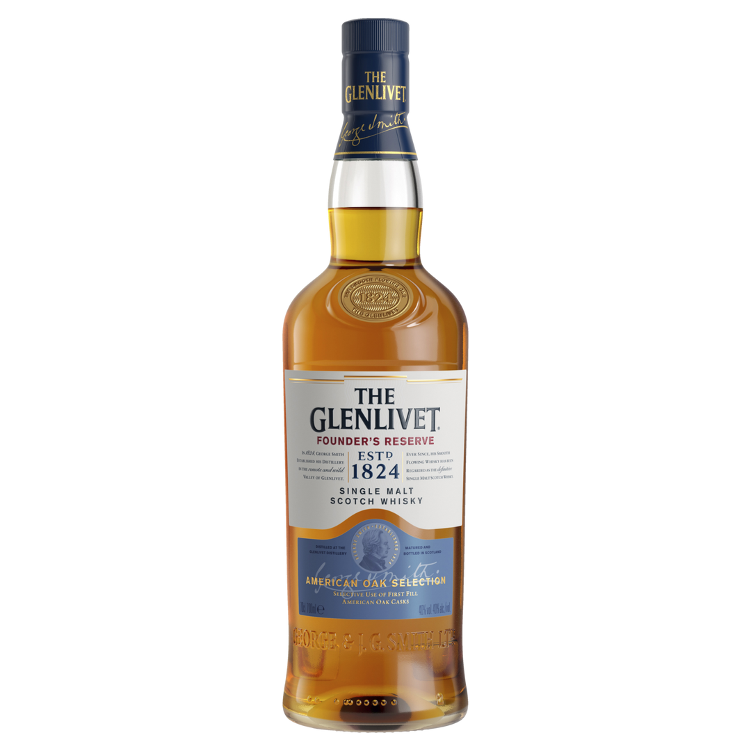 A full, unopened bottle of The Glenlivet Founder's Reserve Single Malt Scotch Whisky features a blue and gold label with “ESTD 1824” and a blue band stating “American Oak Selection,” highlighting its aging in American oak casks.