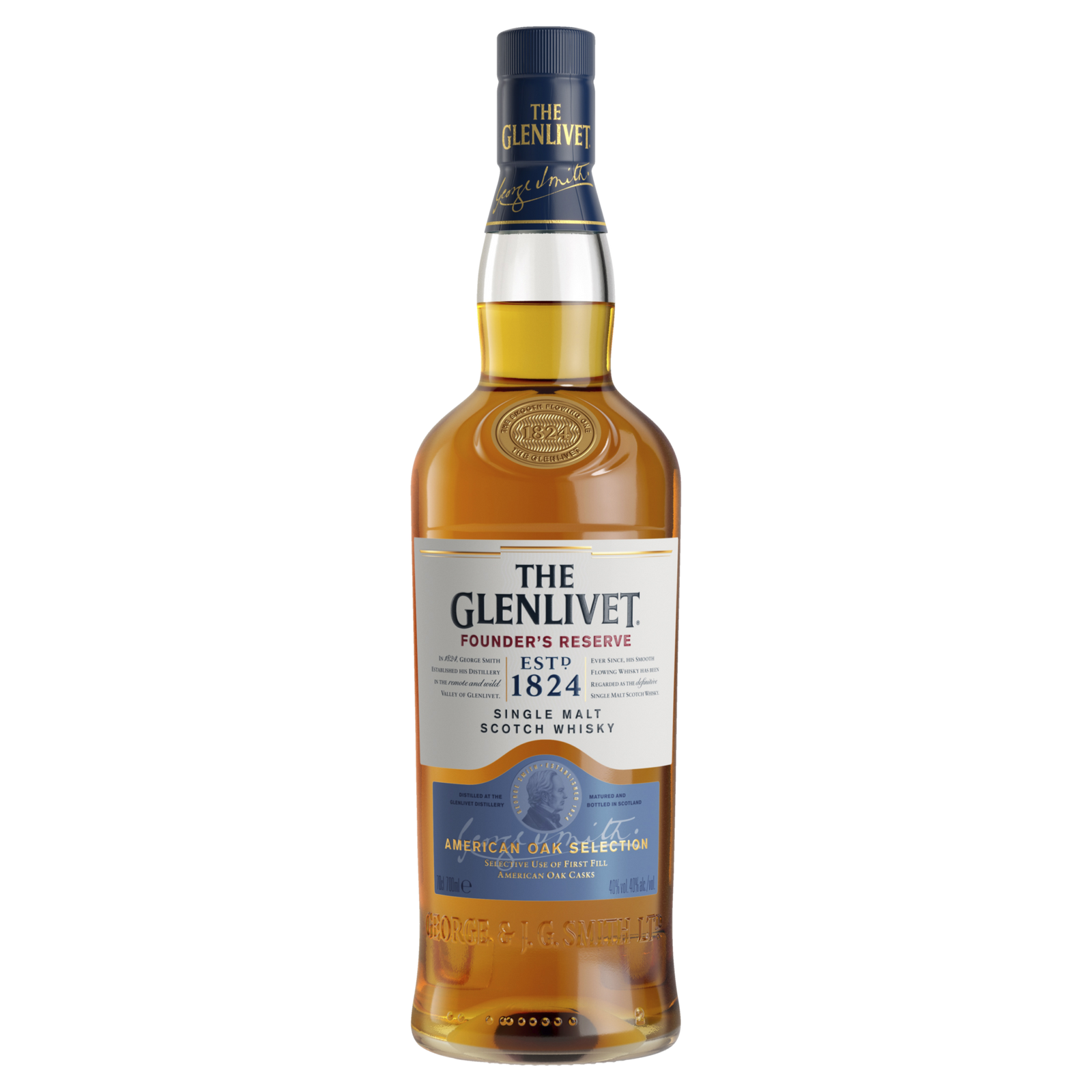 A full, unopened bottle of The Glenlivet Founder's Reserve Single Malt Scotch Whisky features a blue and gold label with “ESTD 1824” and a blue band stating “American Oak Selection,” highlighting its aging in American oak casks.