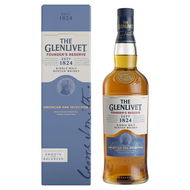 A bottle of The Glenlivet Founder's Reserve Single Malt Scotch Whisky, matured in American oak casks, stands beside its blue box displaying the brand name, logo, and details.