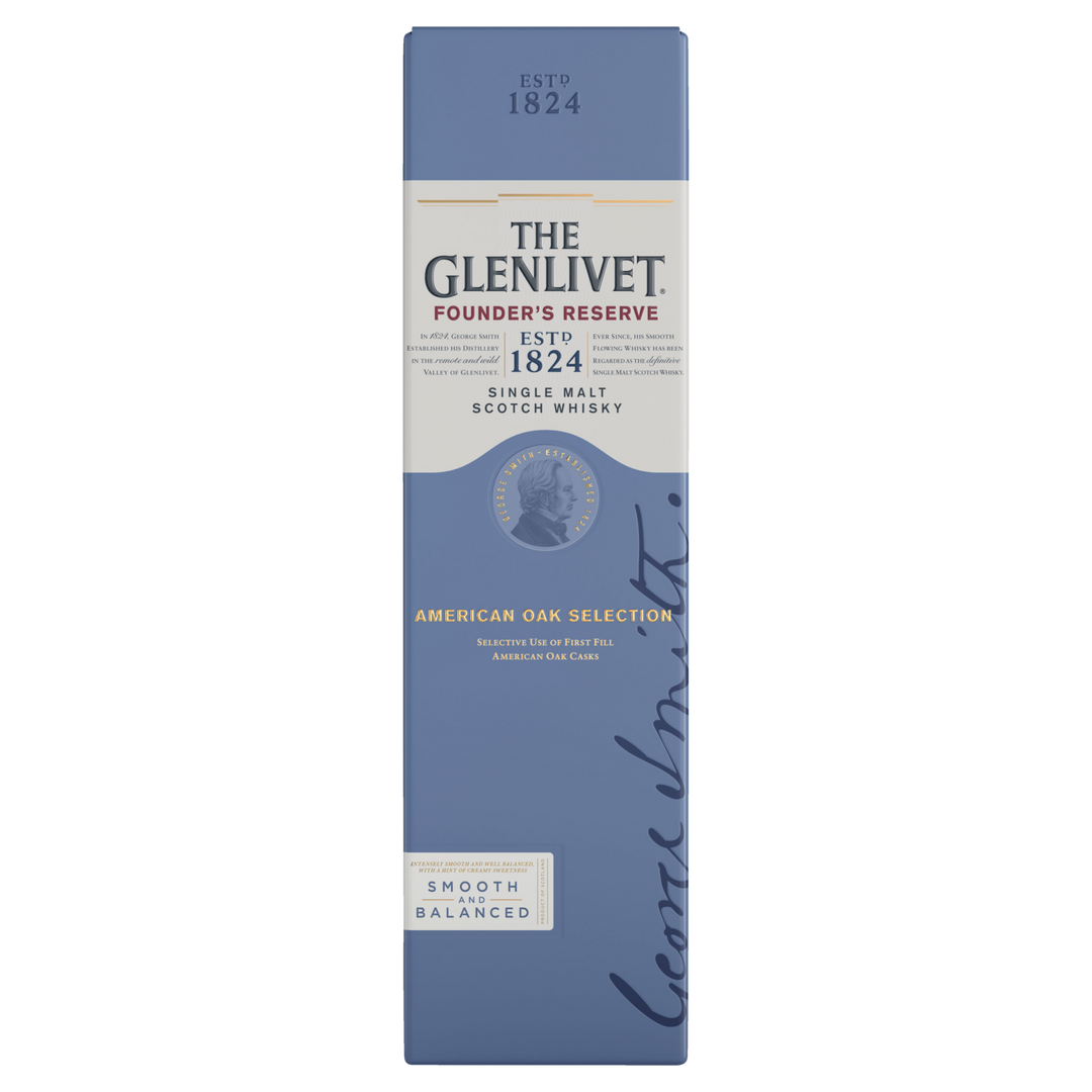 Front view of The Glenlivet Founder's Reserve Single Malt Scotch Whisky box in blue and cream, with branding, a signature, and labels: American Oak Selection and Smooth & Balanced—crafted in American oak casks for refined taste.