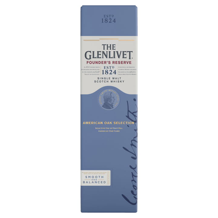 Front view of The Glenlivet Founder's Reserve Single Malt Scotch Whisky box in blue and cream, with branding, a signature, and labels: American Oak Selection and Smooth & Balanced—crafted in American oak casks for refined taste.