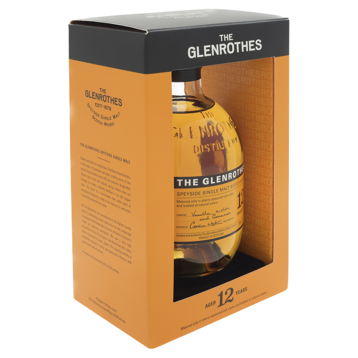 A bottle of Glenrothes 12 Year Old Single Malt Scotch Whisky, presented in a black and orange box with a clear window, reveals the label and amber spirit inside.