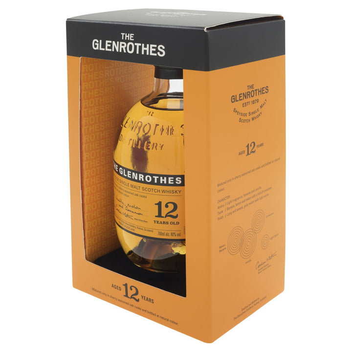 A bottle of Glenrothes 12 Year Old Single Malt Scotch Whisky is displayed in an orange and black box with a window, featuring sherry cask maturation for a rich, balanced flavor.