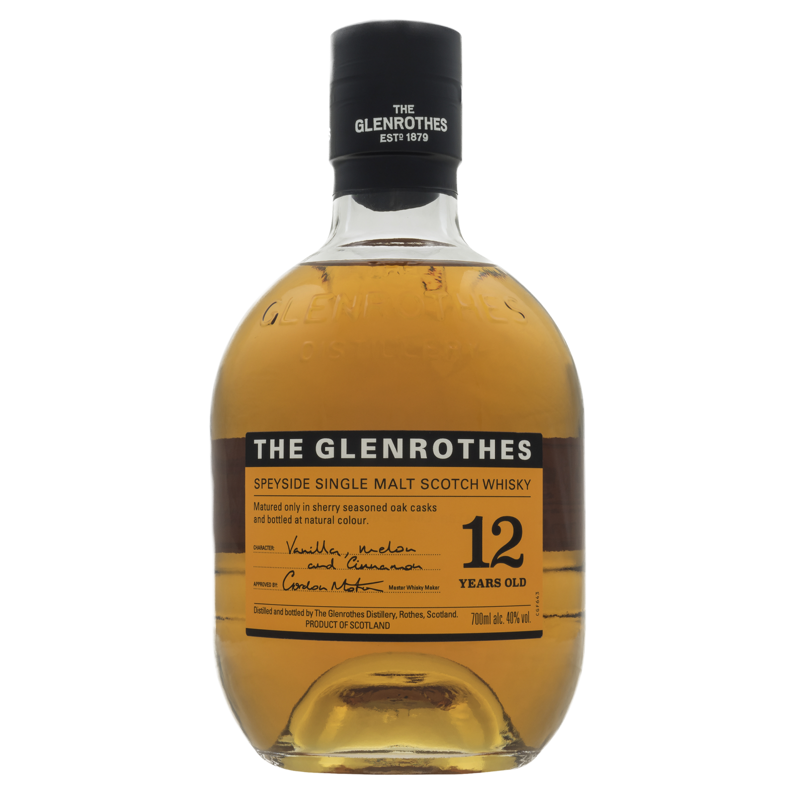 A bottle of Glenrothes 12 Year Old Single Malt Scotch Whisky, matured in sherry-seasoned casks and bottled at 40% ABV, featuring a black cap, clear label, and golden spirit inside.
