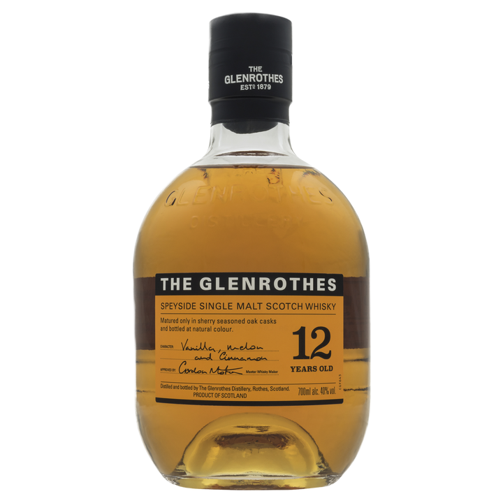 A bottle of Glenrothes 12 Year Old Single Malt Scotch Whisky, matured in sherry-seasoned casks and bottled at 40% ABV, featuring a black cap, clear label, and golden spirit inside.