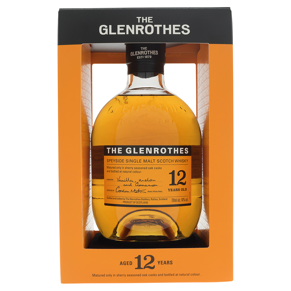 A bottle of Glenrothes 12 Year Old Single Malt Scotch Whisky, matured in sherry-seasoned casks, comes in an orange and black box with clear labeling and the age statement displayed on the front.