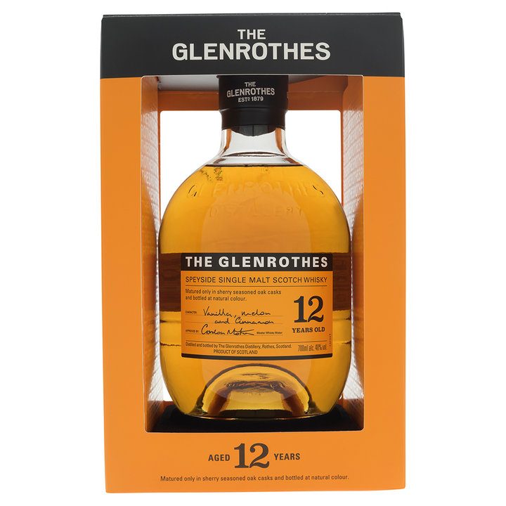 A bottle of Glenrothes 12 Year Old Single Malt Scotch Whisky, matured in sherry-seasoned casks, comes in an orange and black box with clear labeling and the age statement displayed on the front.