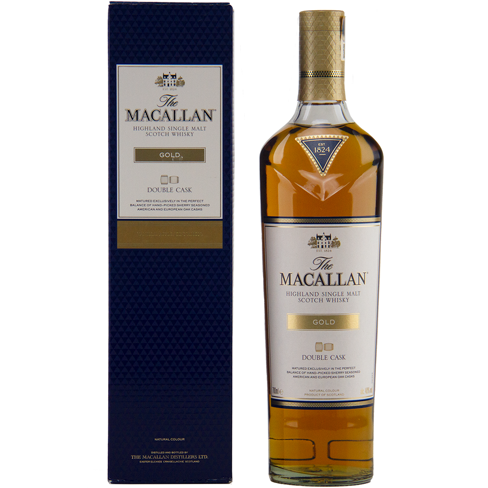 A bottle of The Macallan Double Cask Gold Single Malt Scotch Whisky stands beside its elegant blue and gold box, featuring a gold label and cap that emphasize its refined sherry cask maturation.