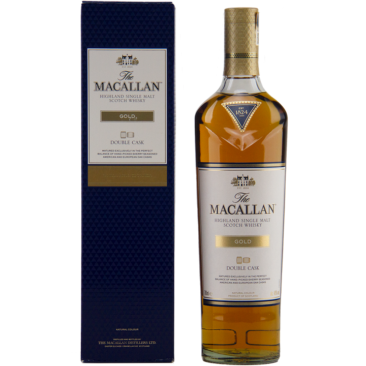 A bottle of The Macallan Double Cask Gold Single Malt Scotch Whisky stands beside its elegant blue and gold box, featuring a gold label and cap that emphasize its refined sherry cask maturation.