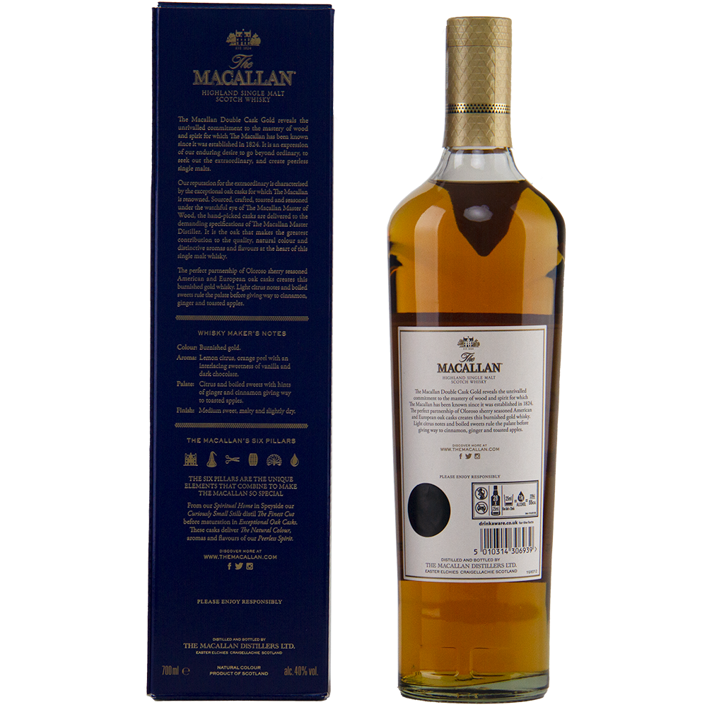 A bottle of The Macallan Double Cask Gold Single Malt Scotch Whisky stands beside its dark blue box, featuring gold and white text and a gold-capped top. The back label highlights the whisky’s sherry cask maturation.