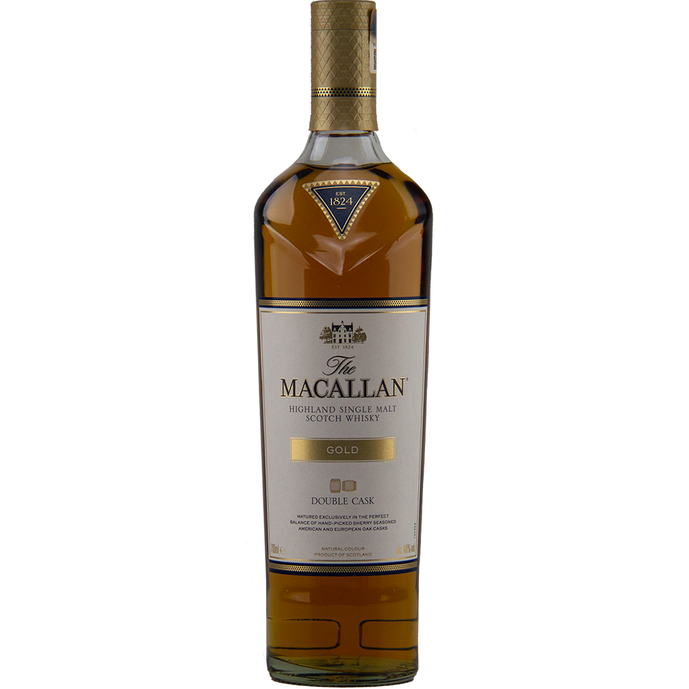 A bottle of The Macallan Double Cask Gold Single Malt Scotch Whisky, featuring a gold cap and label with black and gold text on clear glass, displays rich amber liquid matured in sherry casks.