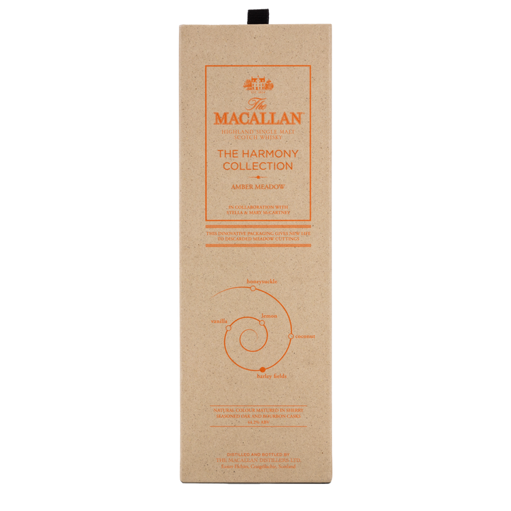 A beige rectangular box with orange text and graphics, labeled The Macallan Harmony Collection Amber Meadow Single Malt Scotch Whisky. This limited edition features a spiral design and highlights natural Scottish ingredients and sustainable packaging.