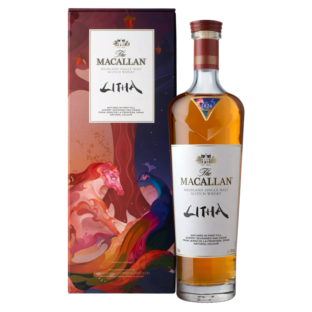 A bottle of The Macallan Litha Single Malt Scotch Whisky is displayed beside its vibrant box, adorned with abstract red, orange, and purple artwork inspired by maturation in sherry-seasoned oak casks.