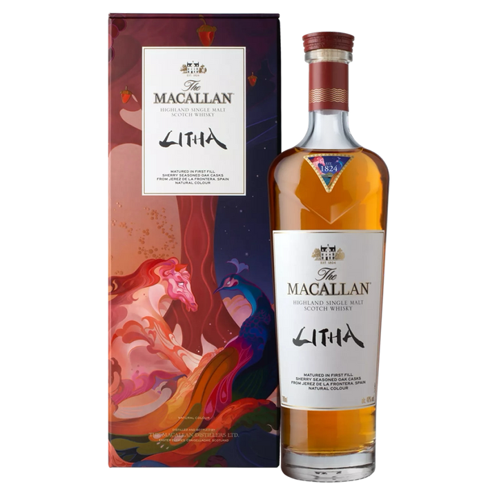 A bottle of The Macallan Litha Single Malt Scotch Whisky is displayed beside its vibrant box, adorned with abstract red, orange, and purple artwork inspired by maturation in sherry-seasoned oak casks.