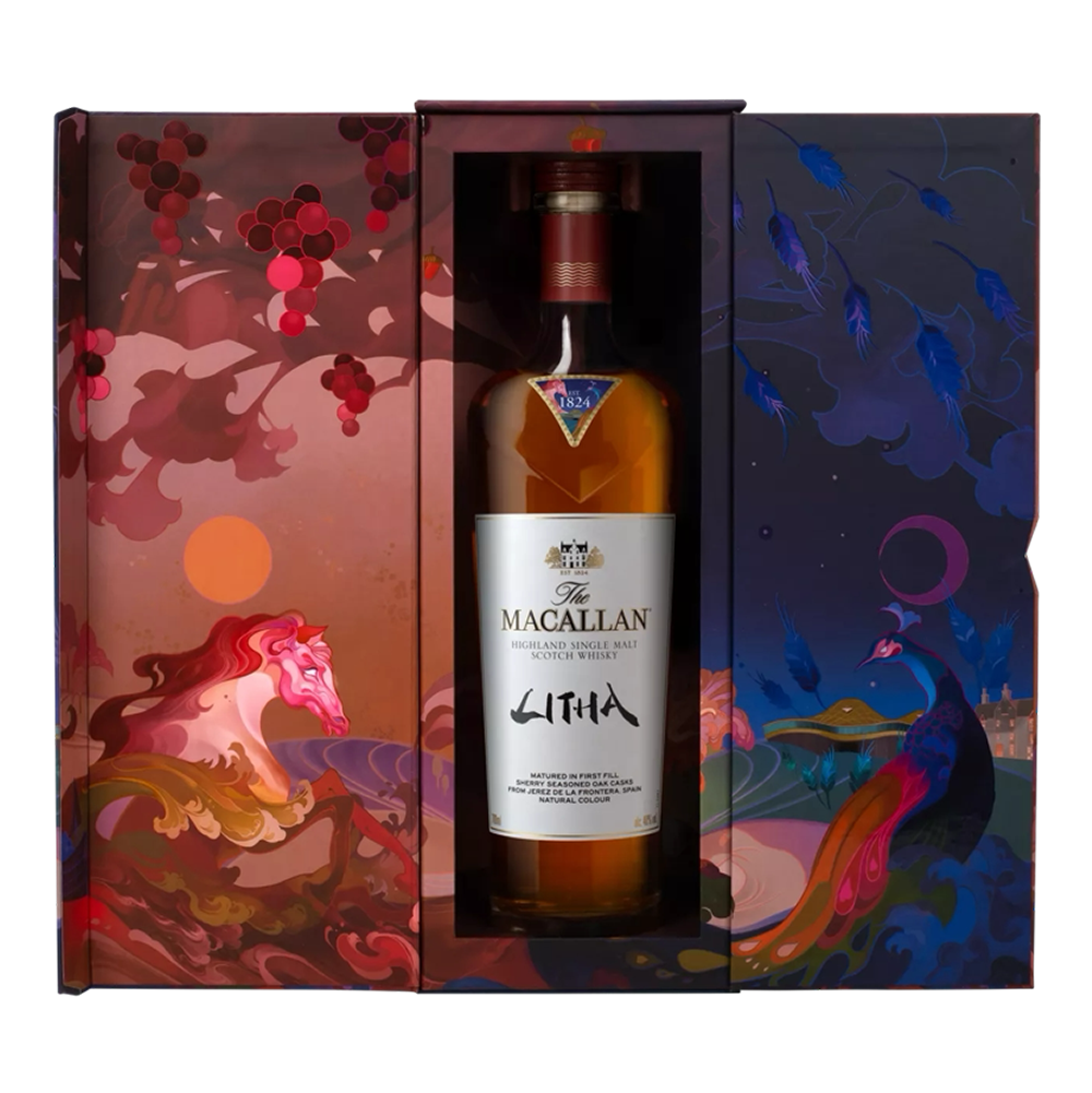 A bottle of The Macallan Litha Single Malt Scotch Whisky in an open box, adorned with vibrant illustrations of horses, grapes, and abstract patterns—reflecting its maturation in sherry-seasoned oak casks.
