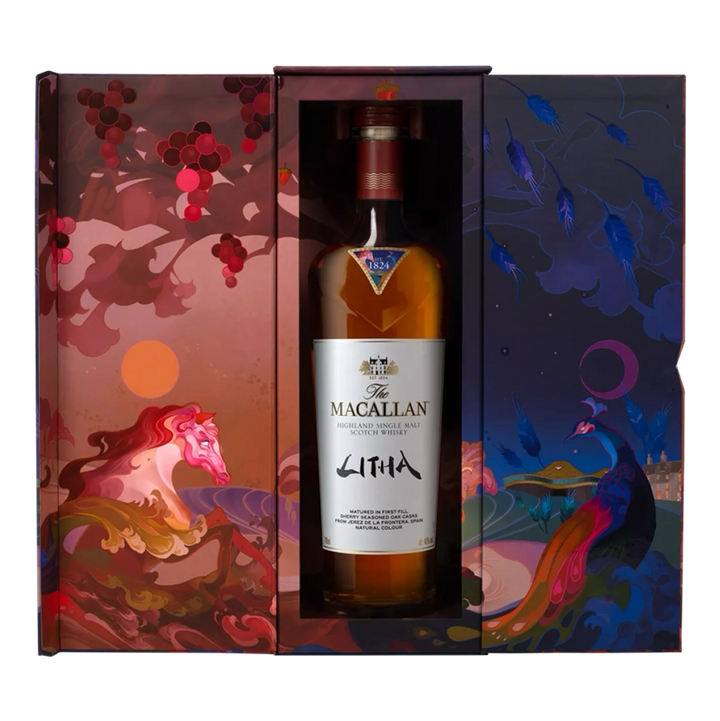 A bottle of The Macallan Litha Single Malt Scotch Whisky in an open box, adorned with vibrant illustrations of horses, grapes, and abstract patterns—reflecting its maturation in sherry-seasoned oak casks.