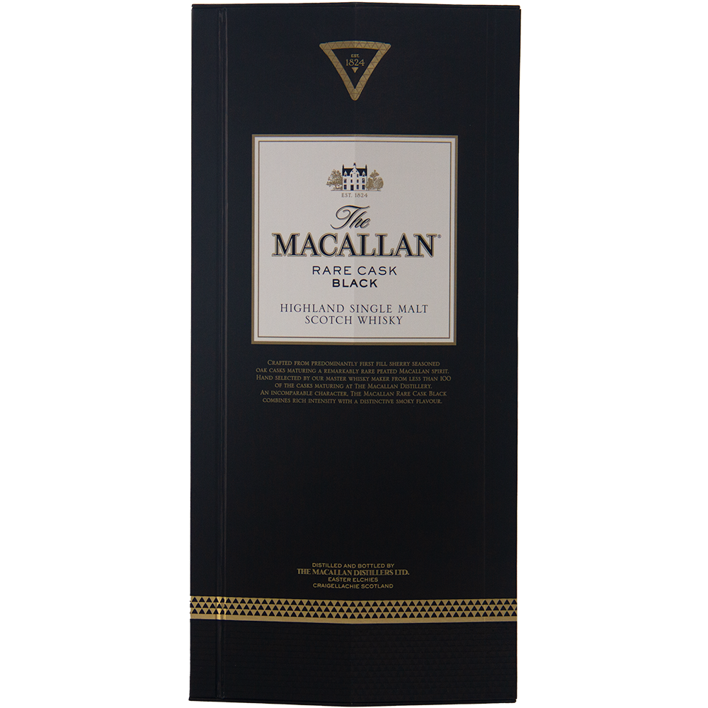 A black rectangular box with gold accents holds The Macallan Rare Cask Black Single Malt Scotch Whisky, a smoky sherry cask-matured Scotch, featuring the brand’s logo and product details on a white label.
