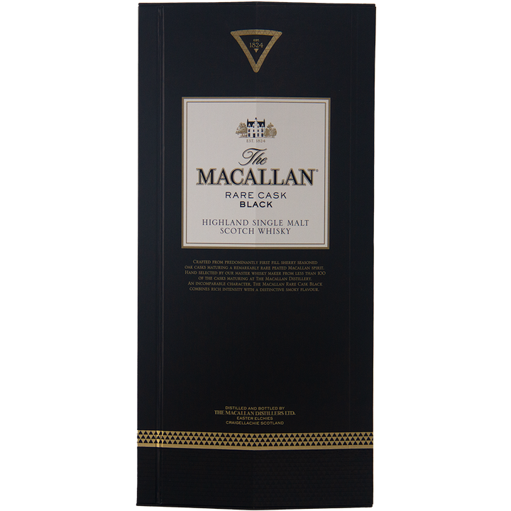 A black rectangular box with gold accents holds The Macallan Rare Cask Black Single Malt Scotch Whisky, a smoky sherry cask-matured Scotch, featuring the brand’s logo and product details on a white label.