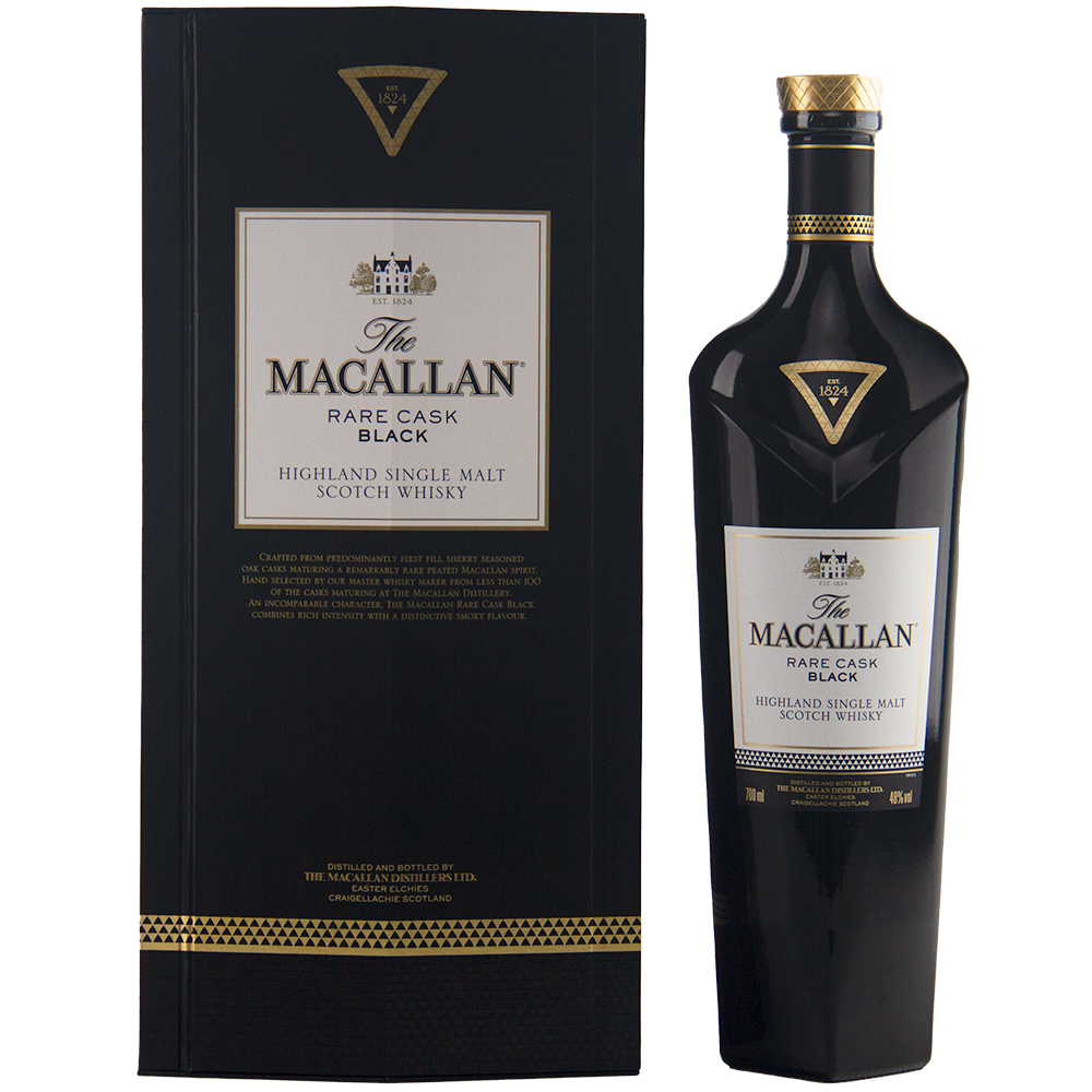 A black bottle of The Macallan Rare Cask Black Single Malt Scotch Whisky stands beside its matching black and gold box, both adorned with elegant white and gold labels that emphasize this smoky single malt whisky’s refined character.