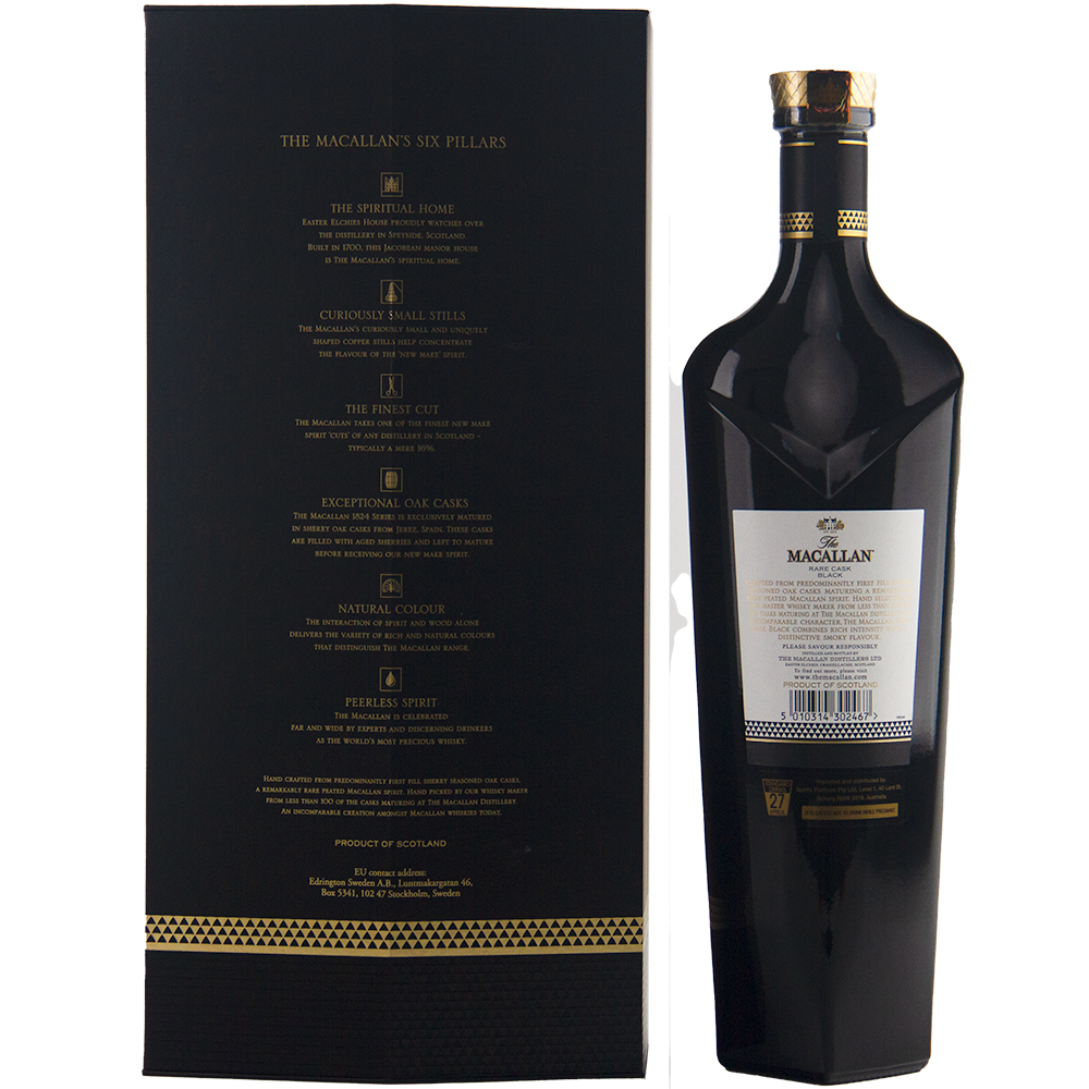 A dark bottle of The Macallan Rare Cask Black Single Malt Scotch Whisky stands beside its tall, black box adorned with gold text highlighting “The Macallan Six Pillars” and gold accents; the bottle is topped with a gold foil seal.