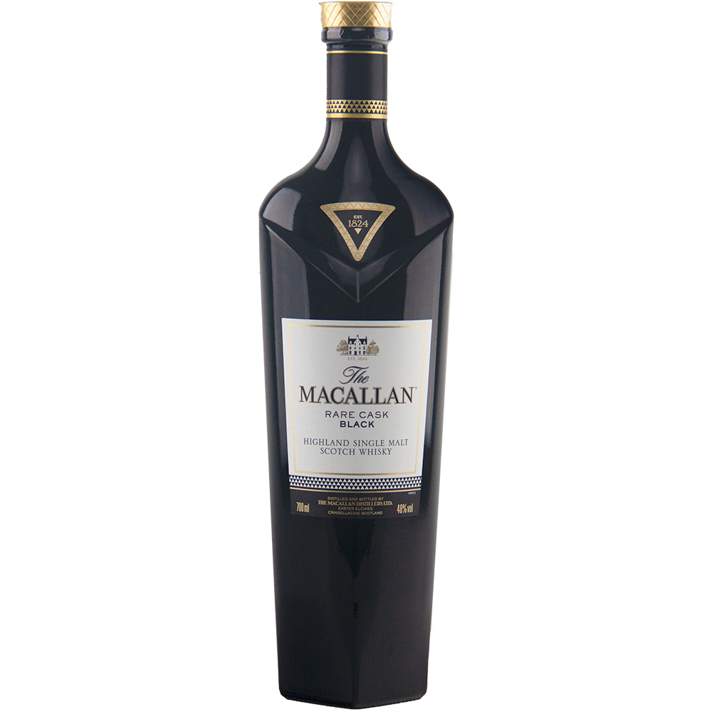 A dark glass bottle of The Macallan Rare Cask Black Single Malt Scotch Whisky, featuring a gold and white label, gold-bordered cap, and triangular neck emblem, is displayed against a plain white background.